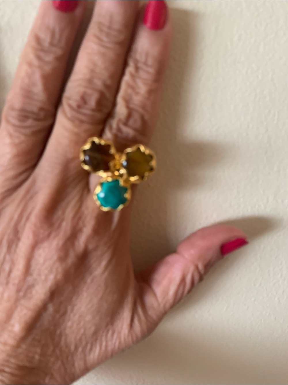 Gold-Plated Triple Stone Cocktail Ring - Turquoise & Brown